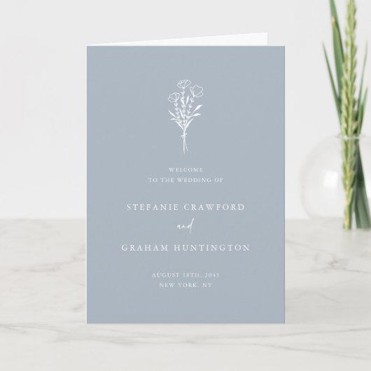 Dusty Blue Boho Minimalist Botanicals Wedding Programma (Voorkant)