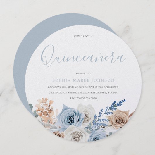 Dusty Blue Boho Pear Shimmer Quinceanera Party Kaart (Voorkant / Achterkant)