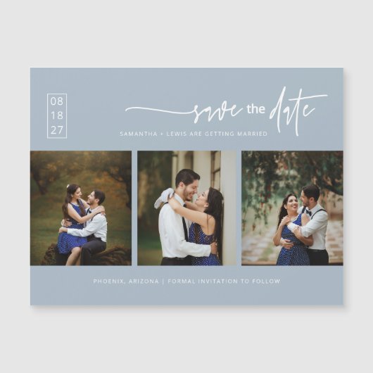 Dusty Blue Boho Photo Save the Date Magnetic Kaart (Voorkant)