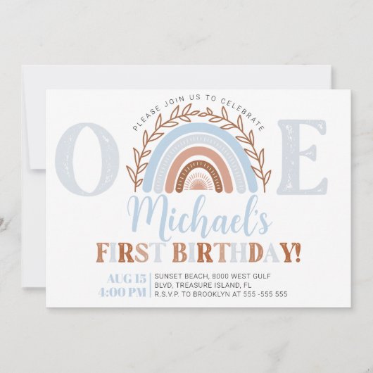 Dusty Blue Boho Rainbow Birthday Uitnodiging (Voorkant)