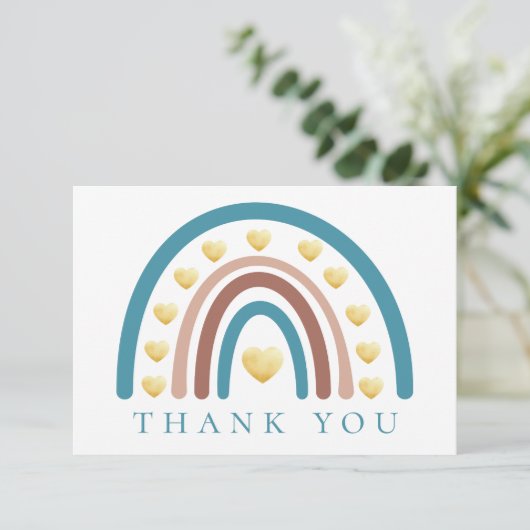 Dusty Blue Boho Regenboog Baby shower Dank je kaar Bedankkaart (Staand voorkant)