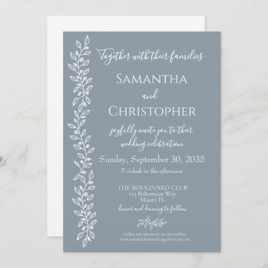 Dusty Blue Boho Romantische Botanische Minimal Wed Kaart (Voorkant / Achterkant)