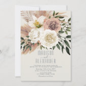 Dusty Blue Boho Roze Bloemen Huwelijksuitnodiging Kaart (Voorkant)