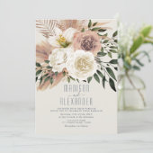 Dusty Blue Boho Roze Bloemen Huwelijksuitnodiging Kaart (Staand voorkant)