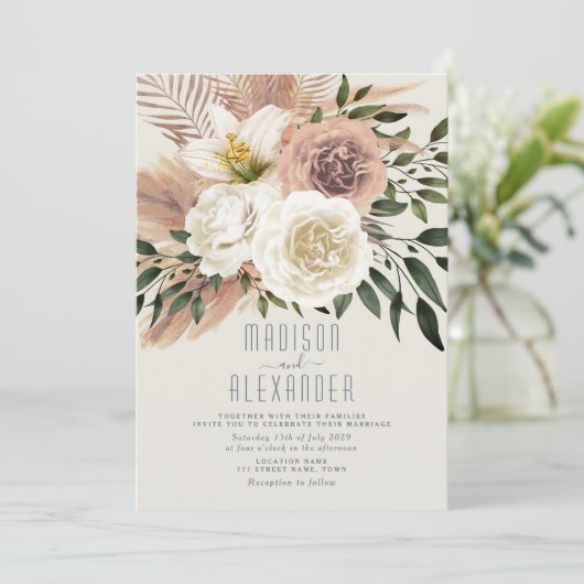 Dusty Blue Boho Roze Bloemen Huwelijksuitnodiging Kaart (Staand voorkant)