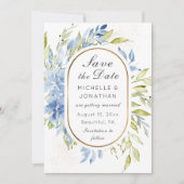 Dusty Blue Boho Rozen Greenery Gold Lijst Save The Date (Voorkant)