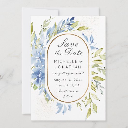 Dusty Blue Boho Rozen Greenery Gold Lijst Save The Date (Voorkant)