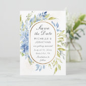 Dusty Blue Boho Rozen Greenery Gold Lijst Save The Date (Staand voorkant)