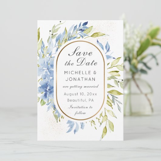 Dusty Blue Boho Rozen Greenery Gold Lijst Save The Date (Staand voorkant)