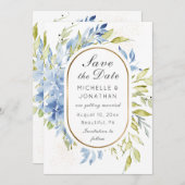 Dusty Blue Boho Rozen Greenery Gold Lijst Save The Date (Voorkant / Achterkant)