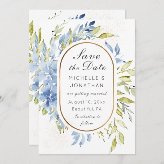 Dusty Blue Boho Rozen Greenery Gold Lijst Save The Date (Voorkant / Achterkant)