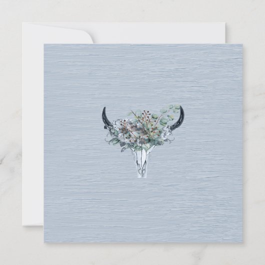 Dusty Blue Boho Rustic Cow skull met bloemen Kaart (Achterkant)