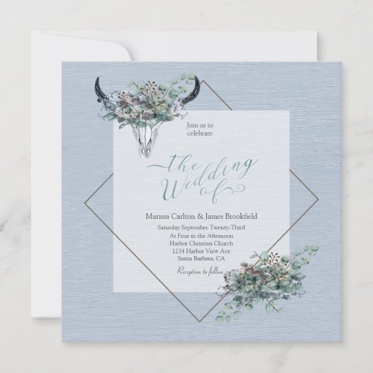 Dusty Blue Boho Rustic Cow skull met bloemen Kaart (Voorkant)