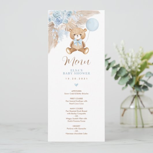 Dusty Blue Boho Teddy Bear Balloon Menu Kaart (Staand voorkant)