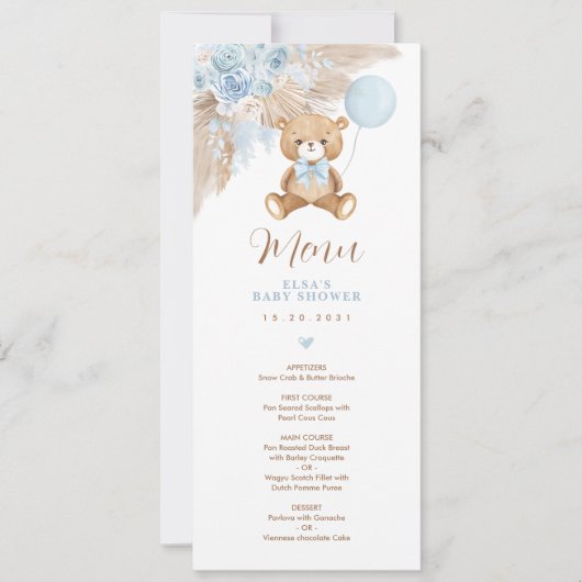 Dusty Blue Boho Teddy Bear Balloon Menu Kaart (Voorkant)