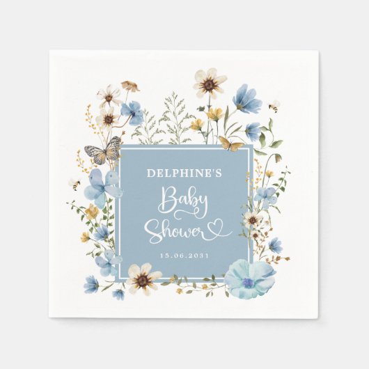 Dusty Blue Boho Wildflower Baby Jongen Douche Serv Servet (Voorkant)