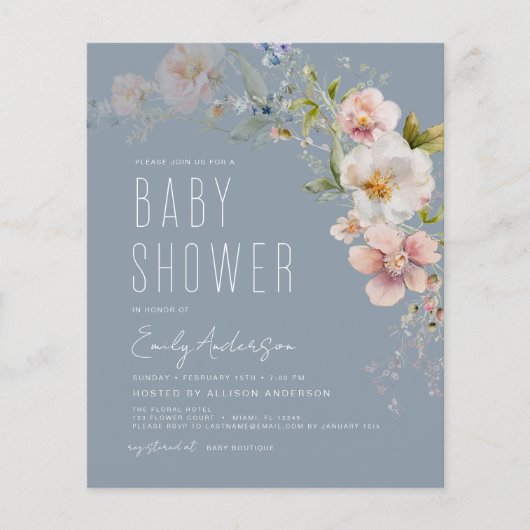 Dusty Blue Boho Wildflower Baby shower Invitation (Voorkant)