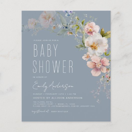 Dusty Blue Boho Wildflower Baby shower Invitation Flyer (Voorkant)