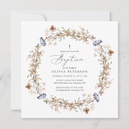 Dusty Blue Boho Wildflower Baptisme Uitnodiging (Voorkant)