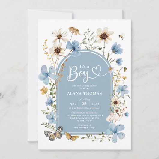 Dusty Blue Boho Wildflower Boy Baby shower Kaart (Voorkant)