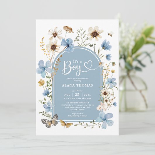 Dusty Blue Boho Wildflower Boy Baby shower Kaart (Staand voorkant)