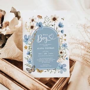 Dusty Blue Boho Wildflower Boy Baby shower Kaart