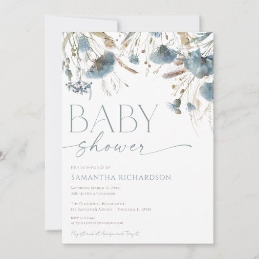 Dusty blue boho wildflower boy baby shower kaart (Voorkant)