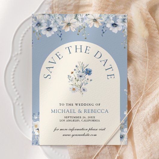 Dusty Blue Boho Wildflower bruiloft foto Save The Date