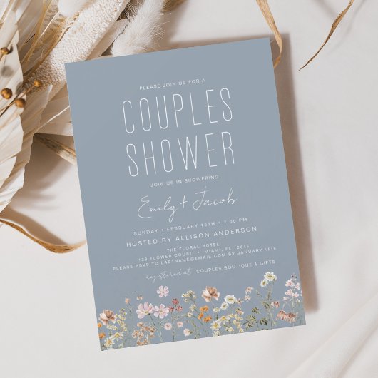 Dusty Blue Boho Wildflower Couples Douche Elegant Kaart