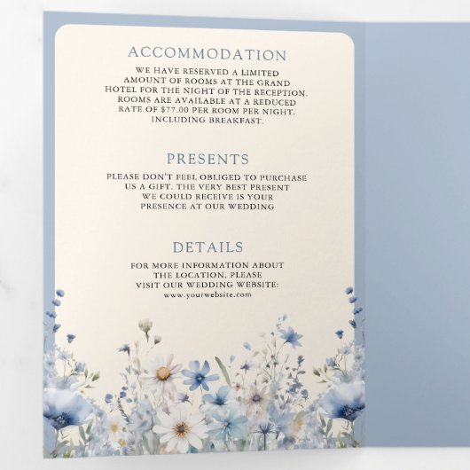 Dusty Blue Boho Wildflower Foto QR Code Bruiloft Drieluik Uitnodiging (Binnenzijde eerst)