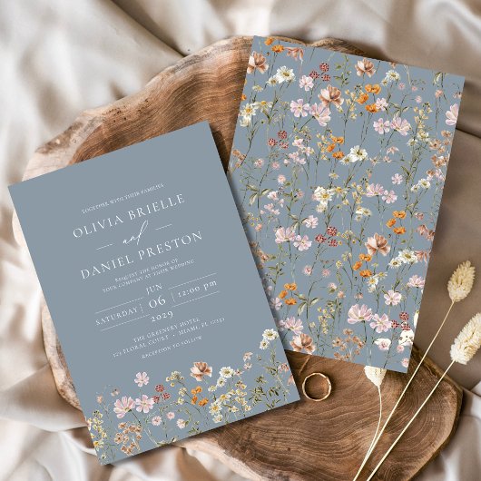 Dusty Blue Boho Wildflower Garden Wedding Kaart
