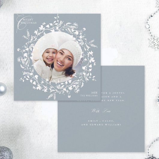 Dusty Blue Boho Wildflower Kerstmis Fotoplein Feestdagenkaart