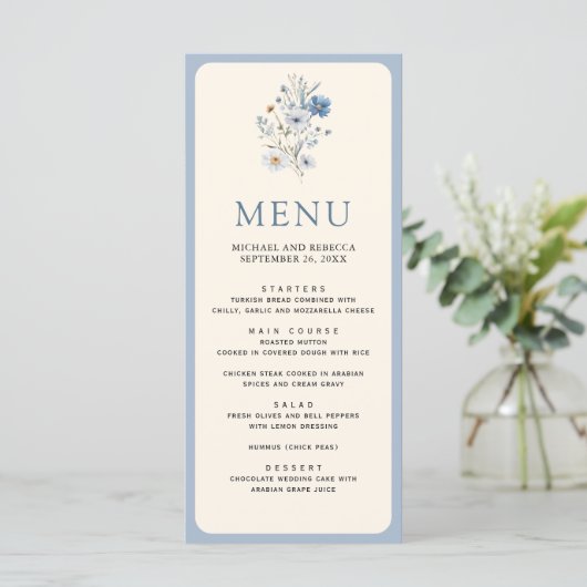 Dusty Blue Boho Wildflower Wedding Menu (Staand voorkant)