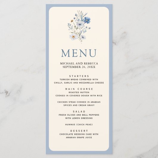 Dusty Blue Boho Wildflower Wedding Menu (Voorkant)