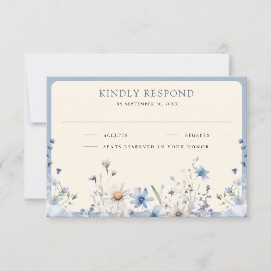 Dusty Blue Boho Wildflower Wedding RSVP Kaartje (Voorkant)