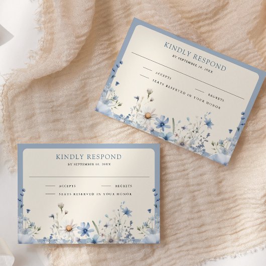 Dusty Blue Boho Wildflower Wedding RSVP Kaartje