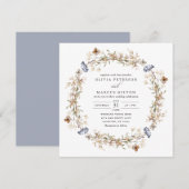 Dusty Blue Boho Wildflower Wedding Uitnodiging (Voorkant / Achterkant)