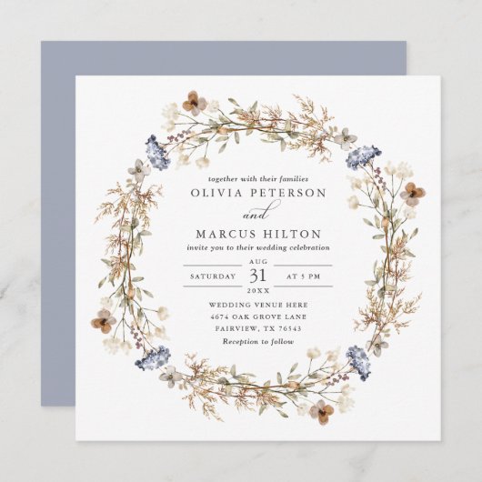 Dusty Blue Boho Wildflower Wedding Uitnodiging (Voorkant / Achterkant)