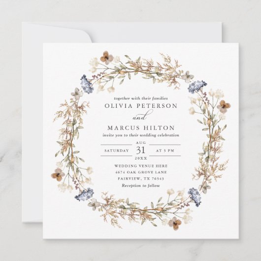 Dusty Blue Boho Wildflower Wedding Uitnodiging (Voorkant)