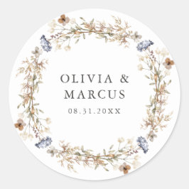 Dusty Blue Boho Wildflower Wreath Wedding Ronde Sticker
