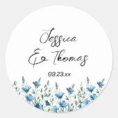 Dusty Blue Boho Wildflowers Paar Namen Trouwen Ronde Sticker
