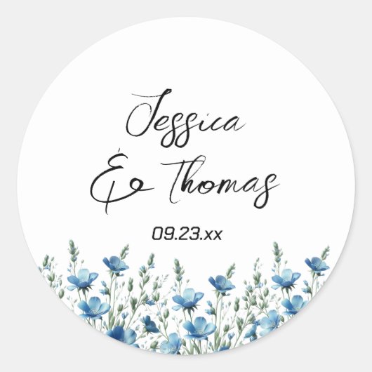 Dusty Blue Boho Wildflowers Paar Namen Trouwen Ronde Sticker (Voorkant)