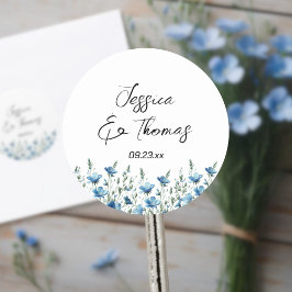 Dusty Blue Boho Wildflowers Paar Namen Trouwen Ronde Sticker
