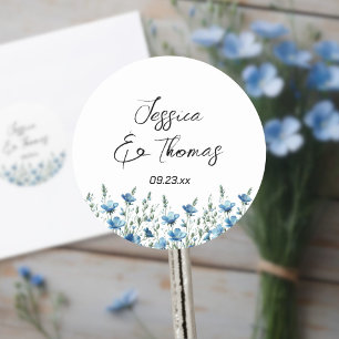 Dusty Blue Boho Wildflowers Paar Namen Trouwen Ronde Sticker