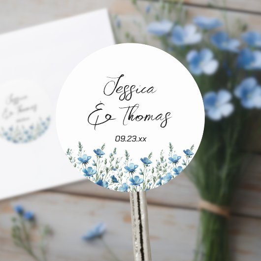 Dusty Blue Boho Wildflowers Paar Namen Trouwen Ronde Sticker