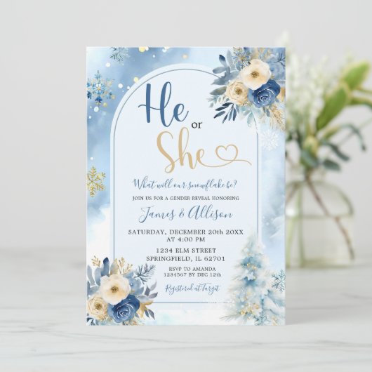 Dusty Blue Boho Winter Geslacht Reveal Bloemen Kaart (Staand voorkant)
