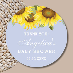 Dusty Blue Boho Zonnebloem Baby shower Dank u Ronde Sticker