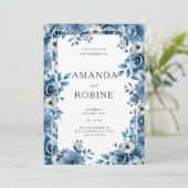 Dusty Blue Bold Bloemen Huwelijksuitnodiging Kaart (Staand voorkant)