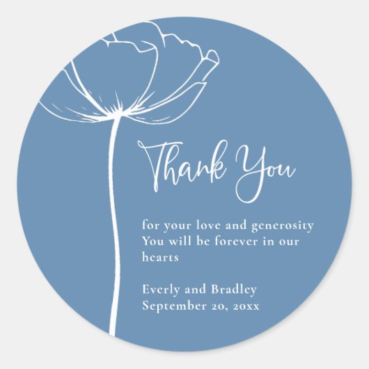 Dusty Blue Bold Elegant Bloemen Bruiloft Dank u Ronde Sticker (Voorkant)
