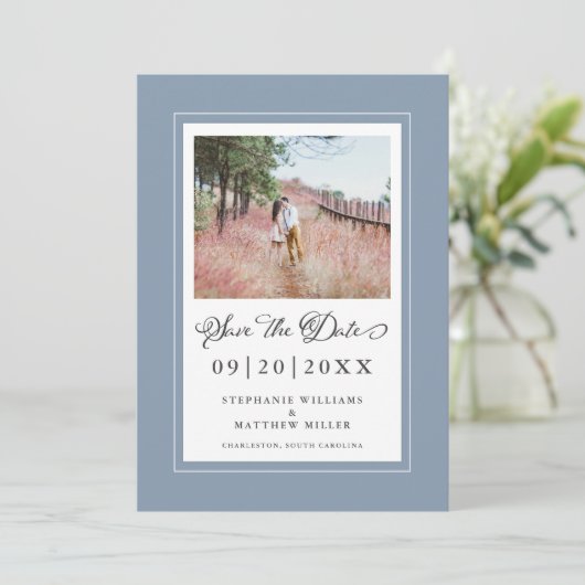 Dusty Blue Borders Foto bewaart de datum bruiloft Save The Date (Staand voorkant)